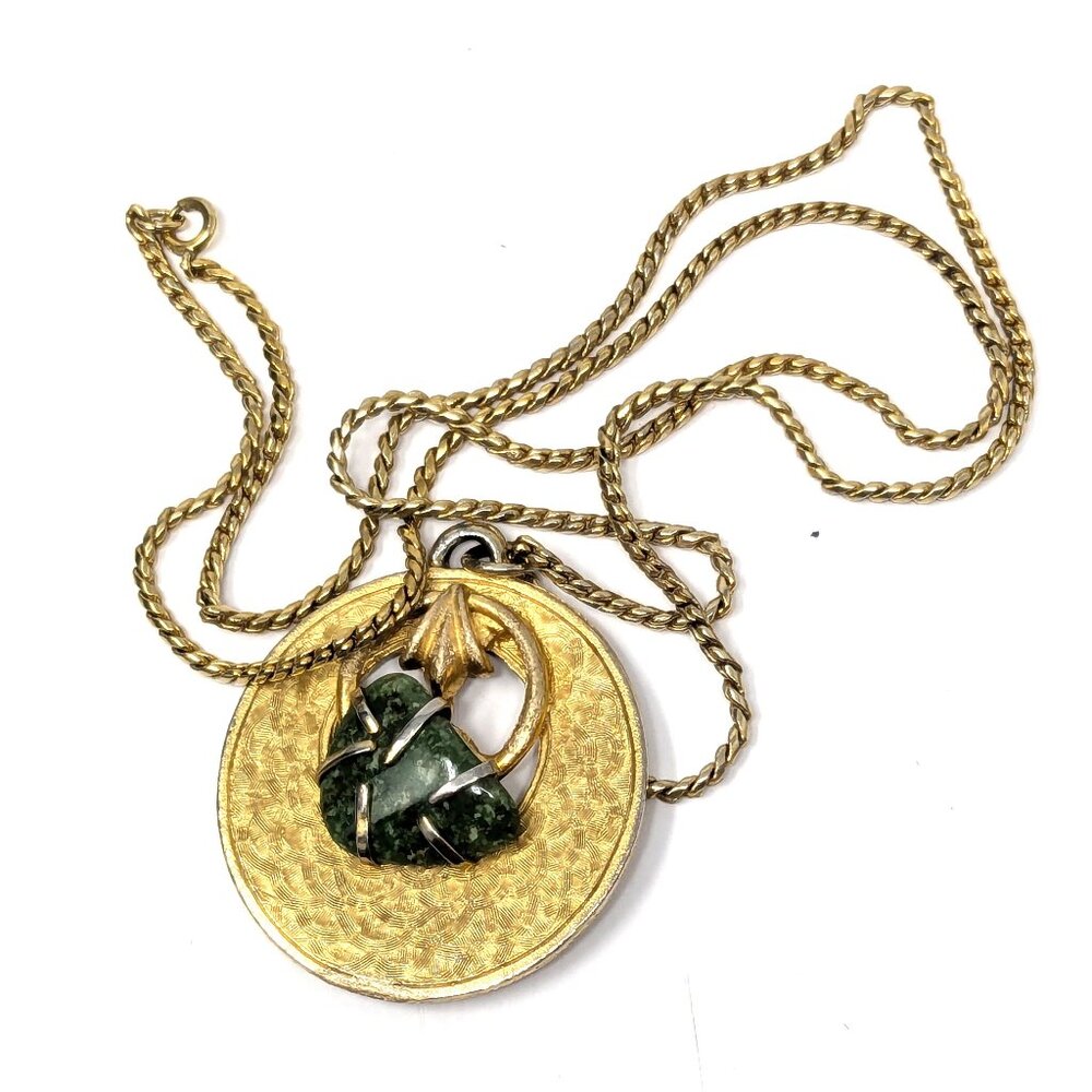 Vintage BSK Jade Stone Pendant Necklace Textured Gold Tone Long 24" Siged